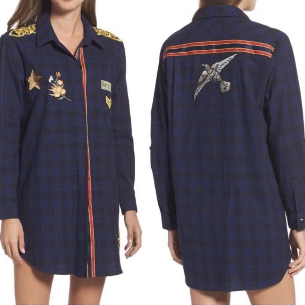 Sam Edelman Navy Plaid Patch Embellished Sleep Shirt/ Dress Shirt - Size M - Picture 2 of 14